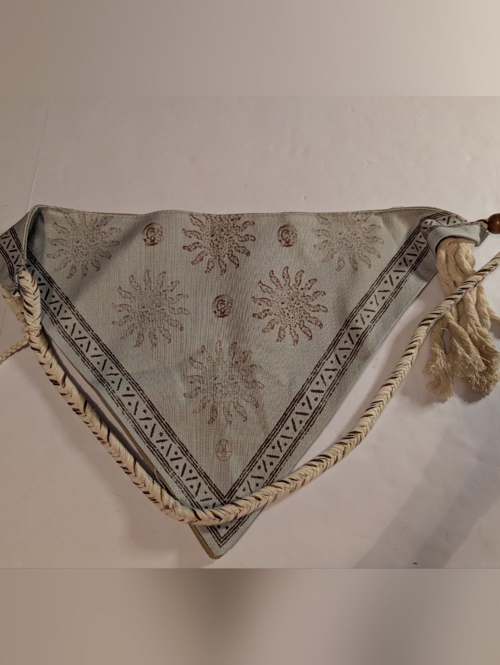 Triangular Sunburst Block-Print Bandana Scarf in Light Sage and Brown